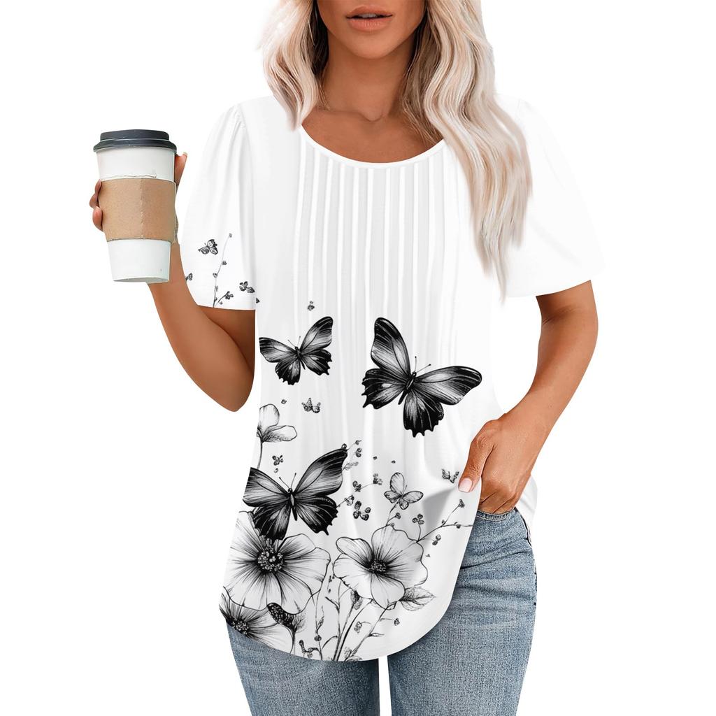 Женская модная повседневная плиссированная футболка в полоску с круглым вырезом и цветочным принтом с короткими рукавами, топ