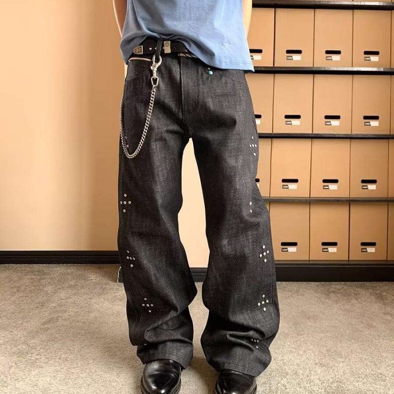 Studded Denim Pants Men Women Loose Wide Leg Straight Cut Casual Jeans
