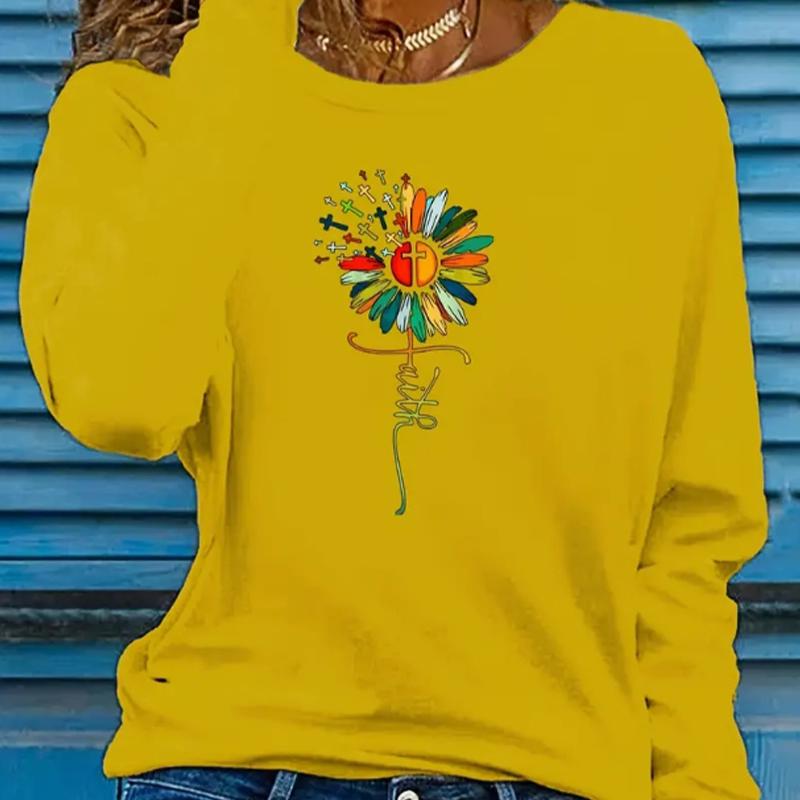 Топы для женщин с цветным принтом в виде букв и цветов, с круглым вырезом и длинным рукавом, осенняя повседневная тонкая кофта-пуловер для женщин с длинным рукавом