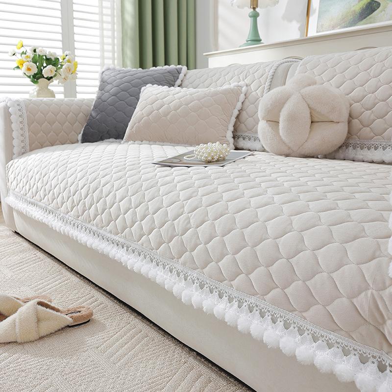 Cream Wind Crystal Fleece Sofa Cushion Winter New Thickened Plush Seat Cushion Living Room Non-Slip Sofa Cover