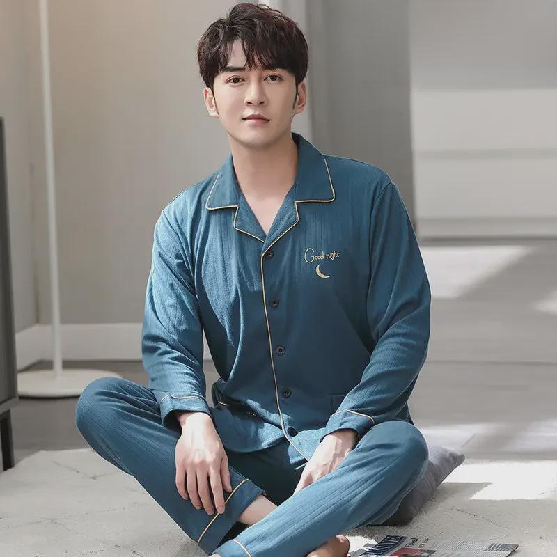 Мужская пижама-кардиган с лацканами, 100% хлопок, длинный рукав, на весну, лето и осень, размеры до 5XL