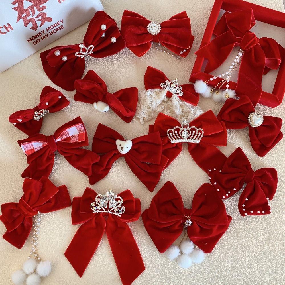 Crown Velvet Red Bow Hairpin Cloth Hanfu Hair Sticks All-match Ancient Style Hairpin  Children