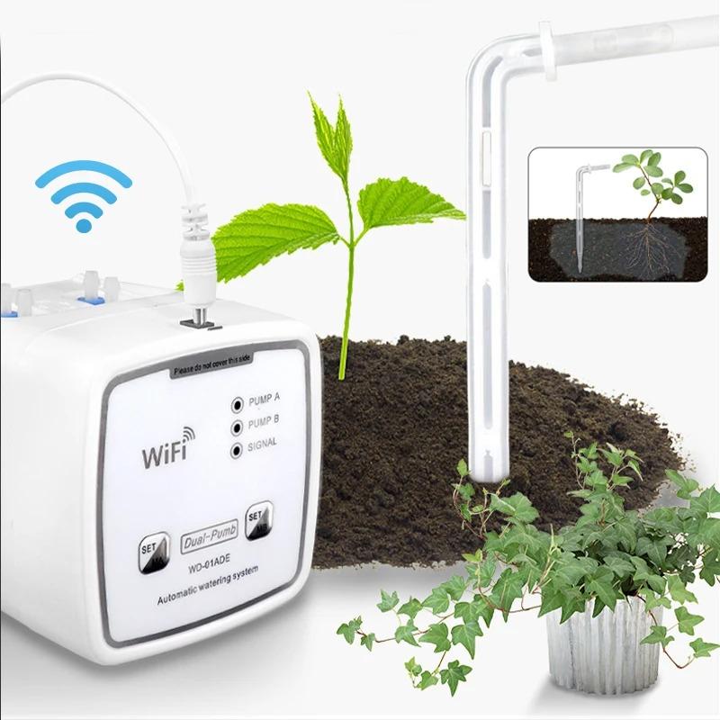 WIFI интеллектуальное устройство для полива с двойным насосом, автоматическая система капельного орошения для садовых растений и цветов, дистанционное управление через приложение