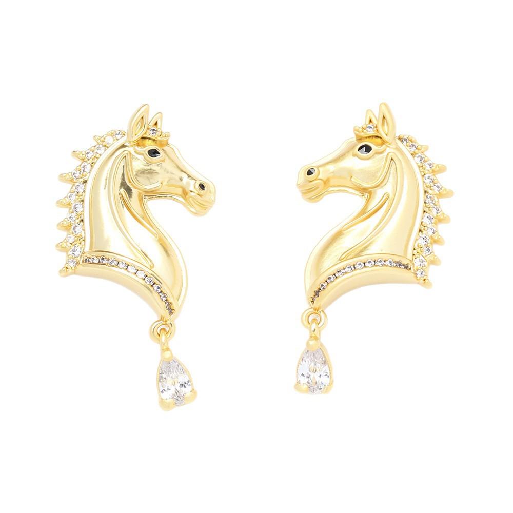 European and American niche high-end gold inlaid stone horsehead earrings personality high-end sense zodiac animal stud earrings silver needle earring