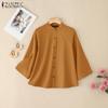 Women Casual Stand Collar Loose 3/4 Sleeve Cotton Blouse