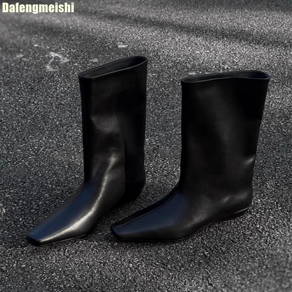 Модные ботинки из коровьей кожи, новые осенне-зимние, в корейском стиле, простые ботинки с квадратным носком, натягивающиеся, на низком каблуке, ботинки-рыцари, женские ботинки-чулки средней длины