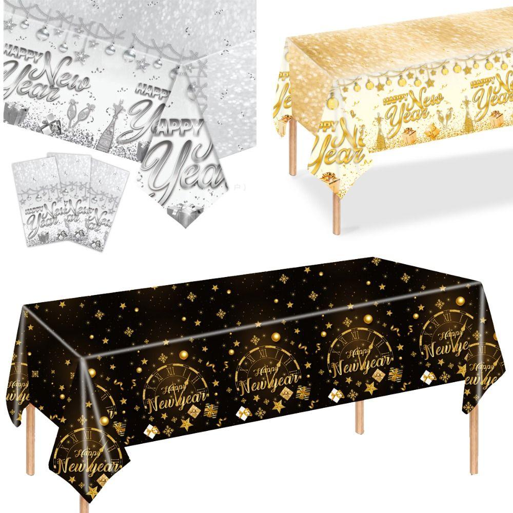Cute Plastic New Year Tablecloth Black Gold Disposable Disposable Tablecloths Bronzing Table Decoration Table Cover New Year