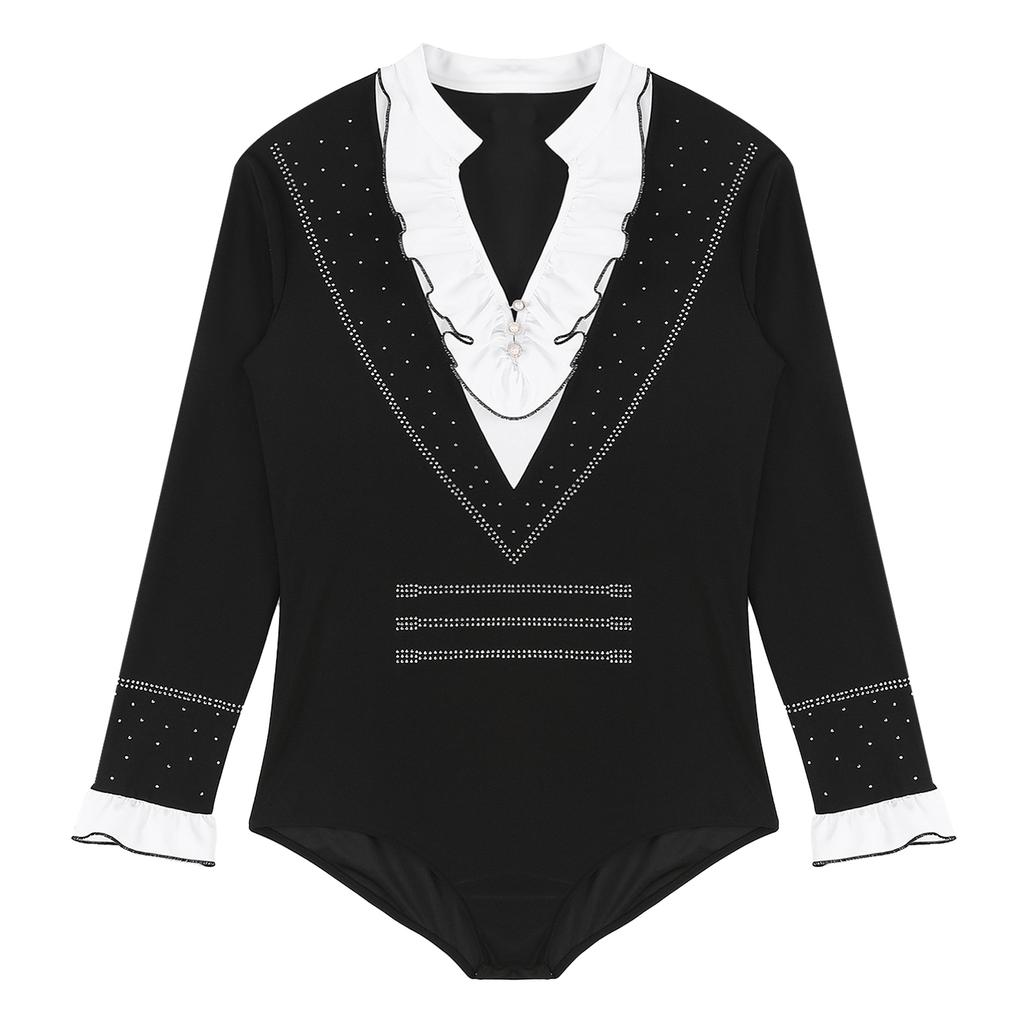 Мужской облегающий танцевальный купальник-комбинезон для латиноамериканских танцев, танго, бальных танцев, длинный рукав, оборчатый воротник, блестящий боди со стразами