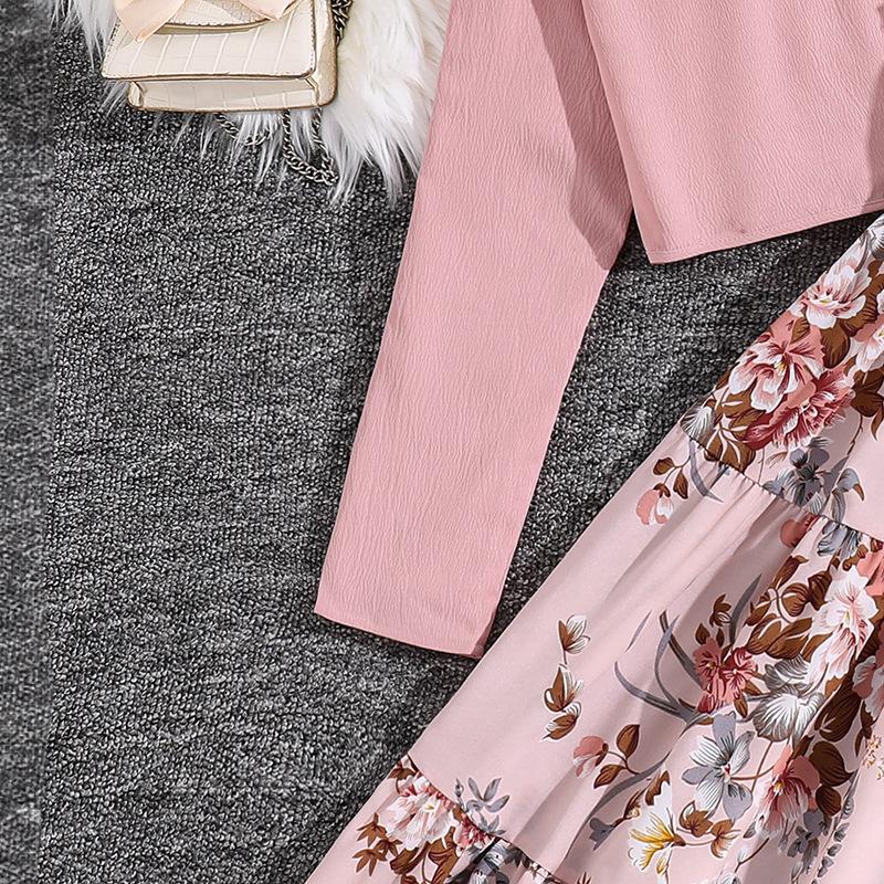 Костюм для девочек 8-12 лет Весна Осень и Зима Кардиган с длинным рукавом Куртка + Милое цветочное платье-халтер Комплект из двух предметов