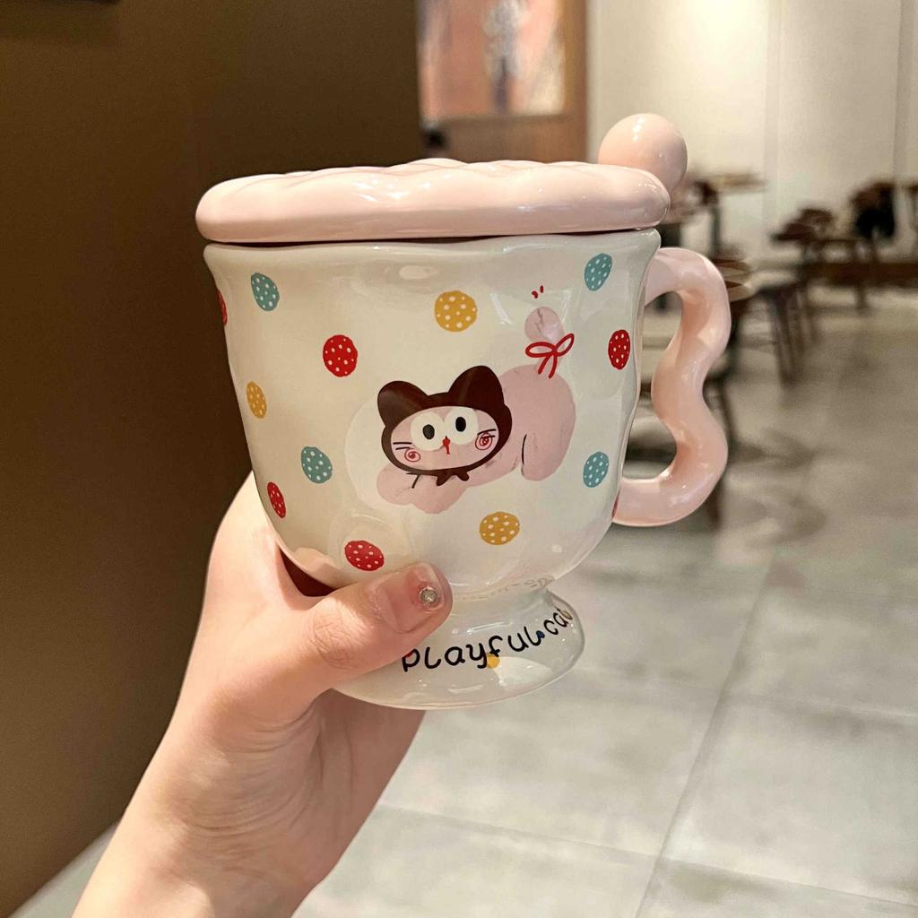Кружка с крышкой для девочек «Высокая ценность груди Фуфу Милый котенок в горошек» Керамическая чашка Подарок на день рождения Сувенир