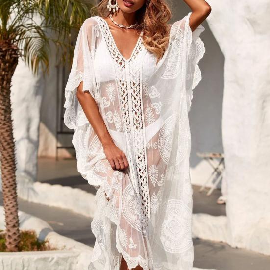 Тонкое солнцезащитное платье с v-образным вырезом и половиной рукавом, прозрачное кружевное бикини с вышивкой, пляжная одежда