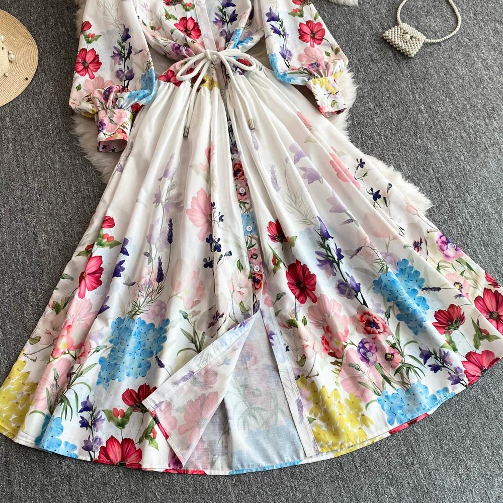 Весна Осень Женские Винтажные Дворцовые Принты Подиумные Платья Рубашка С Отложным Воротником Длинные Макси Праздничные Платья Для Вечеринок