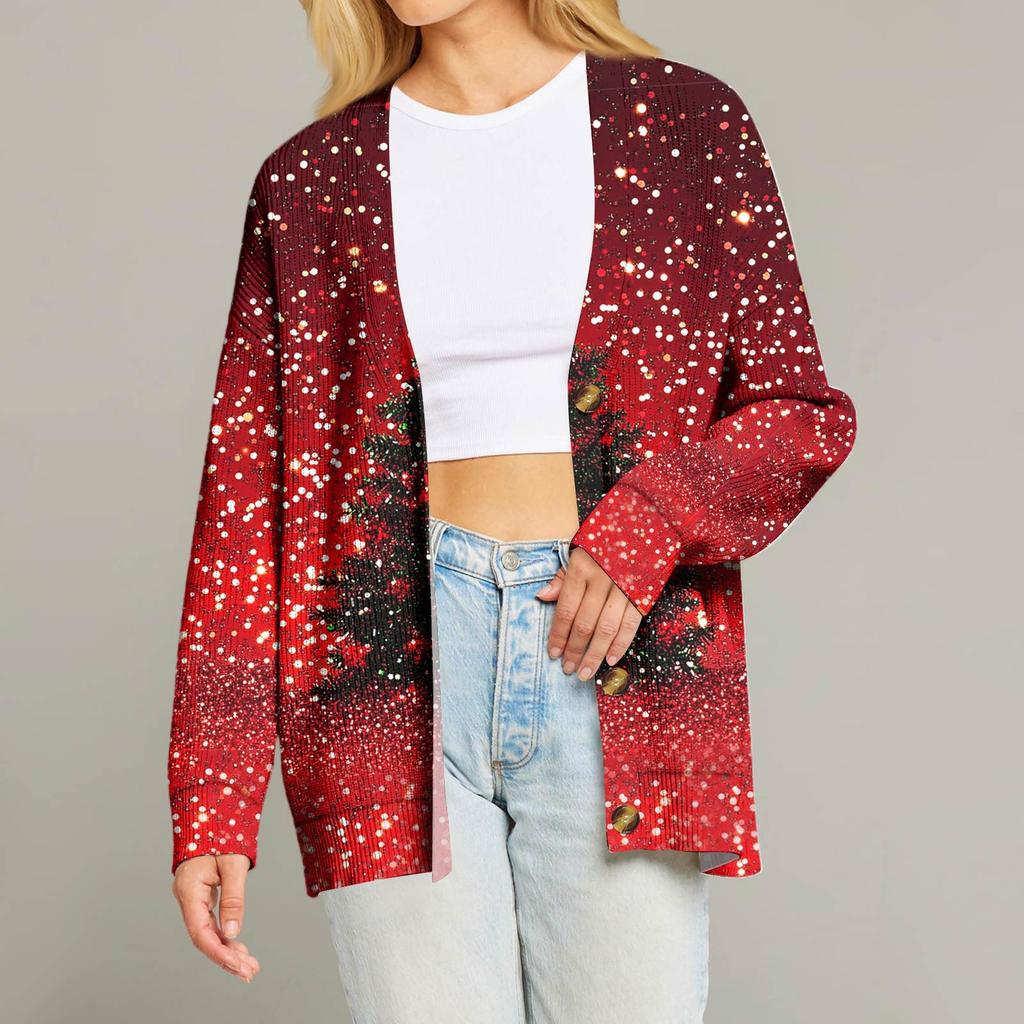 Женский модный кардиган с длинным рукавом, V-образным вырезом, на пуговицах, свободного кроя, с рождественским принтом