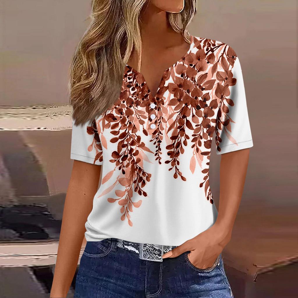 Женская модная повседневная винтажная футболка с v-образным вырезом и коротким рукавом с декоративными пуговицами, топ