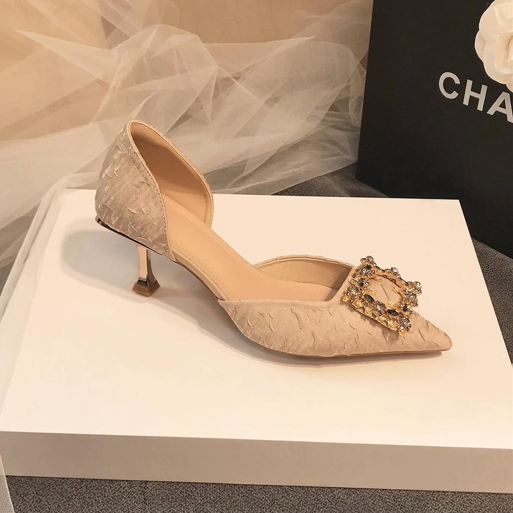 New Square Buckle Rhinestone Temperament High Heels Women Are Not Tired Feet Thin Heels Pointed Single Shoes Wedding Shoes Bridesmaid Shoes