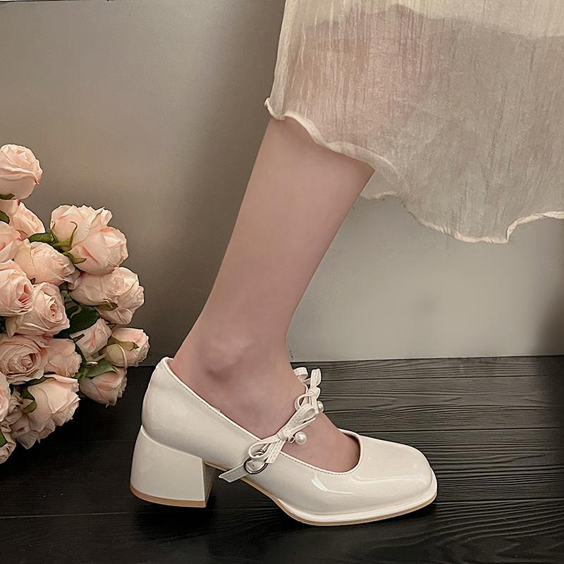 2024 New Women's Summer Mary Jane Shoes Fashionable High Heels Elegant Solid Color Bow Decoration Dress Party Shoes Zapatos