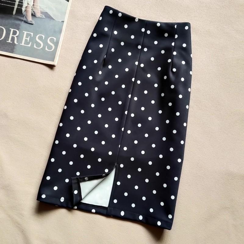 Ретро Юбка-миди в горошек с высокой талией для женщин - Элегантная облегающая стройнящая с разрезом