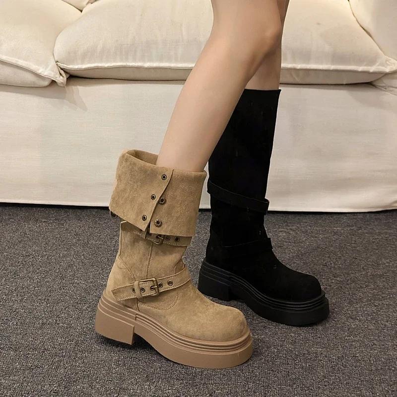 Винтажные женские полусапоги Knight, модные слипоны, длинные ботильоны, осень-зима, толстый каблук, женская обувь