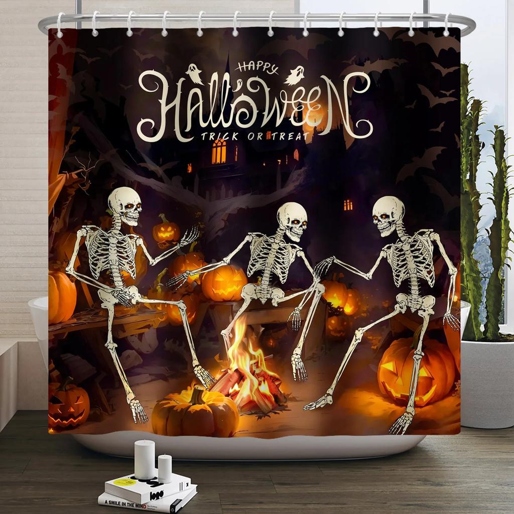 Хэллоуин Занавеска для душа Ужас Лунная ночь Тыква Череп Скелет Страшный Замок Ведьма Призрак Кладбище Водонепроницаемые Занавески для ванной