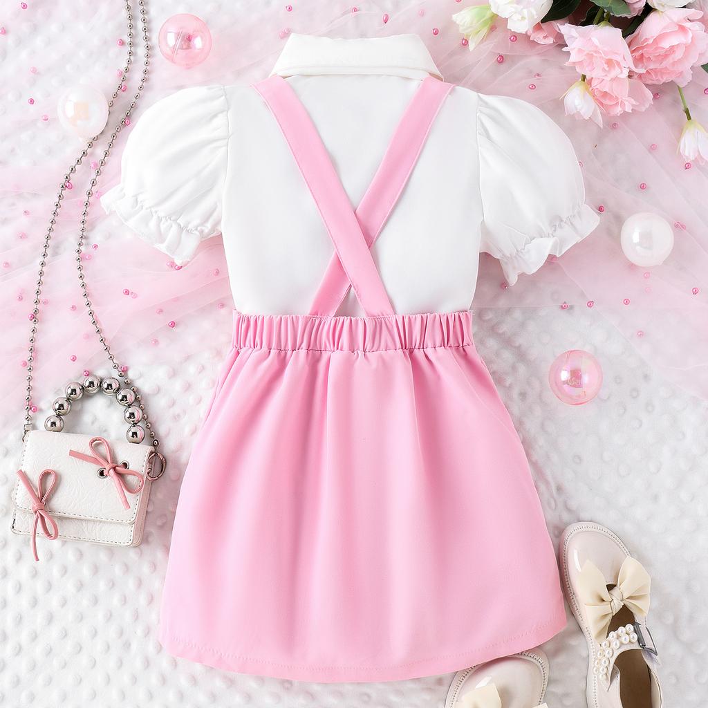 Повседневный костюм для девочек, летний детский модный милый топ с рукавами-фонариками и галстуком-бабочкой + однотонная юбка на подтяжках