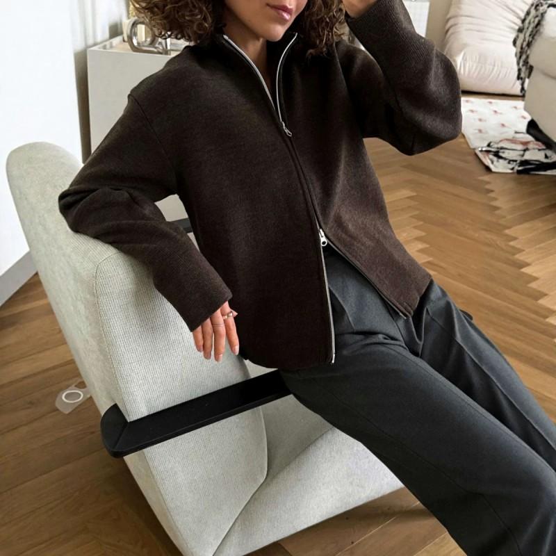 2026 Womens Minimalist Chic Knit Cardigan With Dual Zippers Stand Collar Casual Long Sleeve