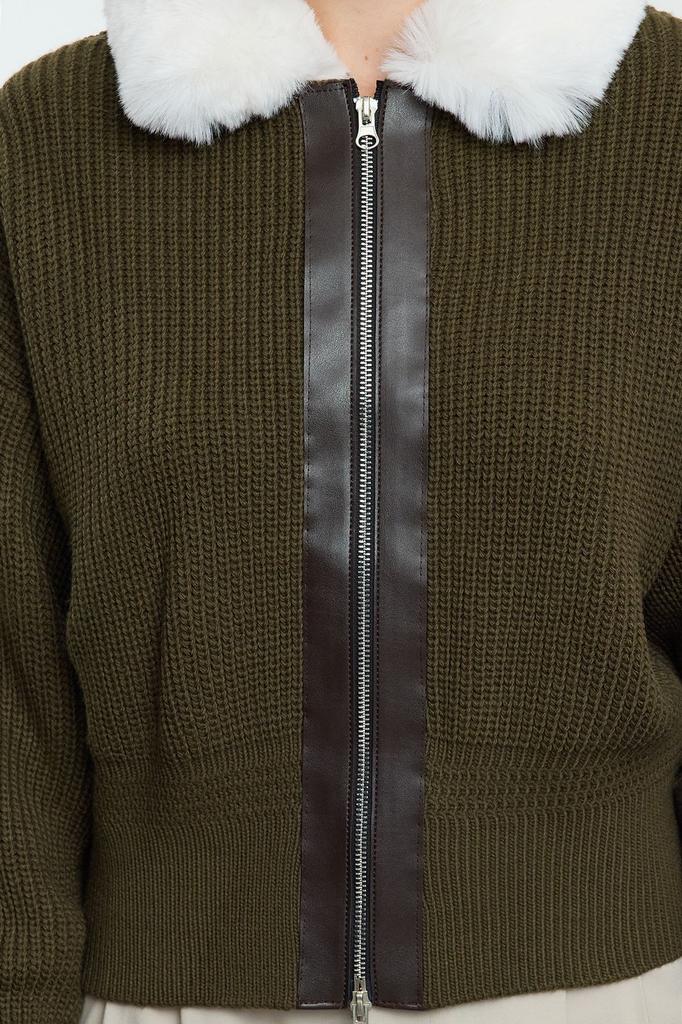 Женский элегантный кардиган с каменным мехом, кожаное пальто с подробной молнией, трикотаж, кардиган