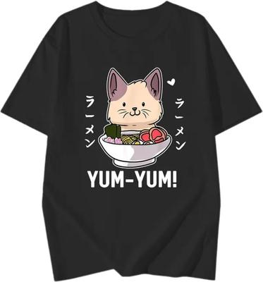 Милая японская футболка с коротким рукавом "Кот Рамен", принт YUM-YUM, черная, дизайн, (Япония, Алфавит, 3XL, Стандартный, Черный)