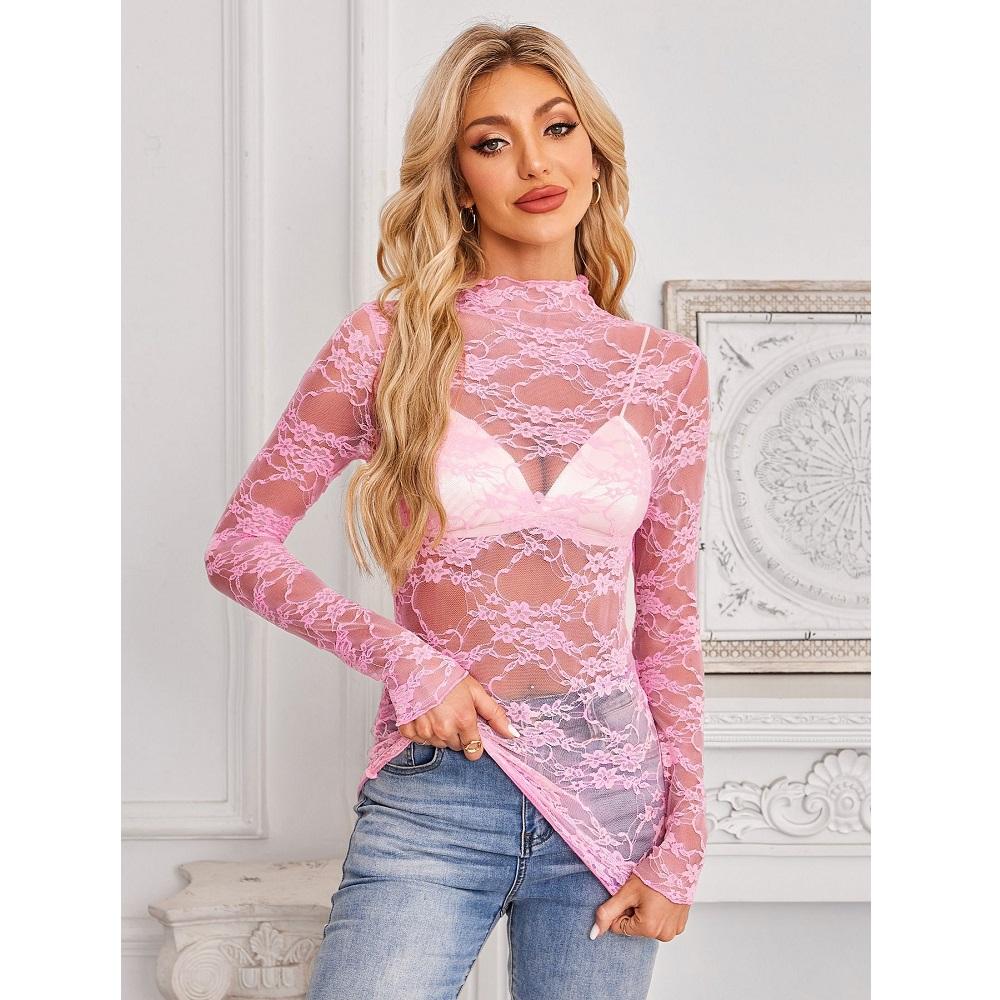 Женские сетчатые прозрачные кружевные топы с круглым вырезом и длинными рукавами, женские облегающие топы с цветочной вышивкой, женские нарядные футболки