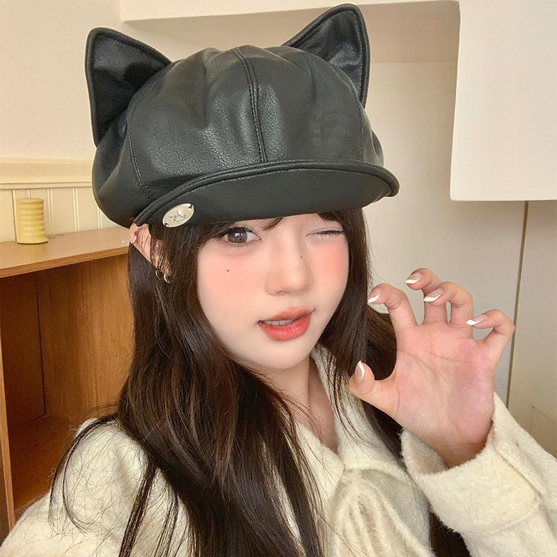 Niche design cat ears black beret female sweet and cute versatile big head circumference octagonal cloud newsboy hat