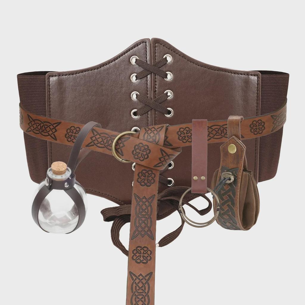 5-Piece Renaissance Costume Set: Corset, Belt, Pouch, Coin Purse, Potion Bottle Props