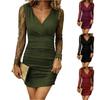 Женское модное цветное сексуальное платье с V-образным вырезом, длинным рукавом, кружевной вставкой на талии