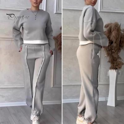 Женский комплект из 2 предметов: топ и брюки, круглый вырез, длинные рукава, контрастная цветная блузка, свободные брюки до щиколотки, спортивный повседневный наряд, осенне-весенний спортивный костюм