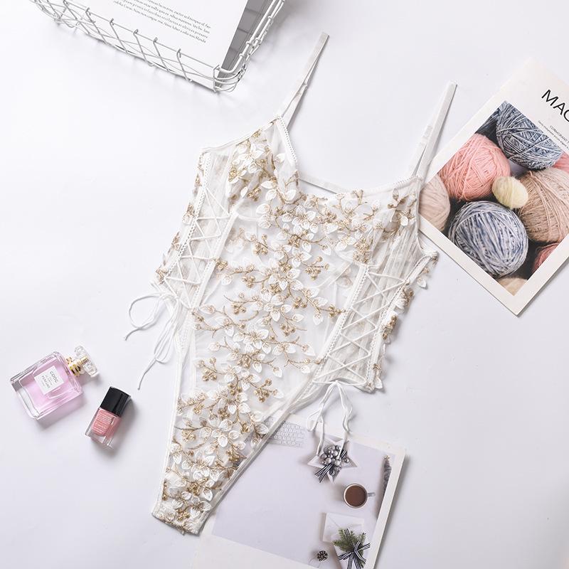 Lace Embroidery Bandage See-Through Sexy Bodysuit for Women