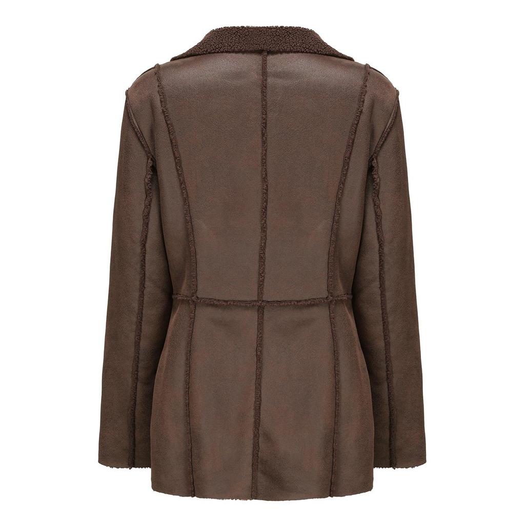 Женские замшевые пальто средней длины Блейзеры из искусственной кожи с плюшевой флисовой подкладкой и лацканами Двубортные куртки из искусственной кожи Для работы в офисе Осень-зима Верхняя одежда