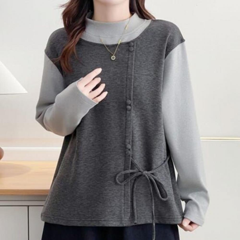Navava Casual Two In One Color Block Ribbon Tie Mock Neck Long Sleeve T shirT nT