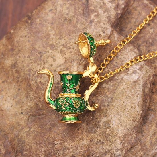 Винтажный эмалевый зеленый чайник, кулон, длинная цепочка, женский свитер, ожерелье, ювелирные изделия
