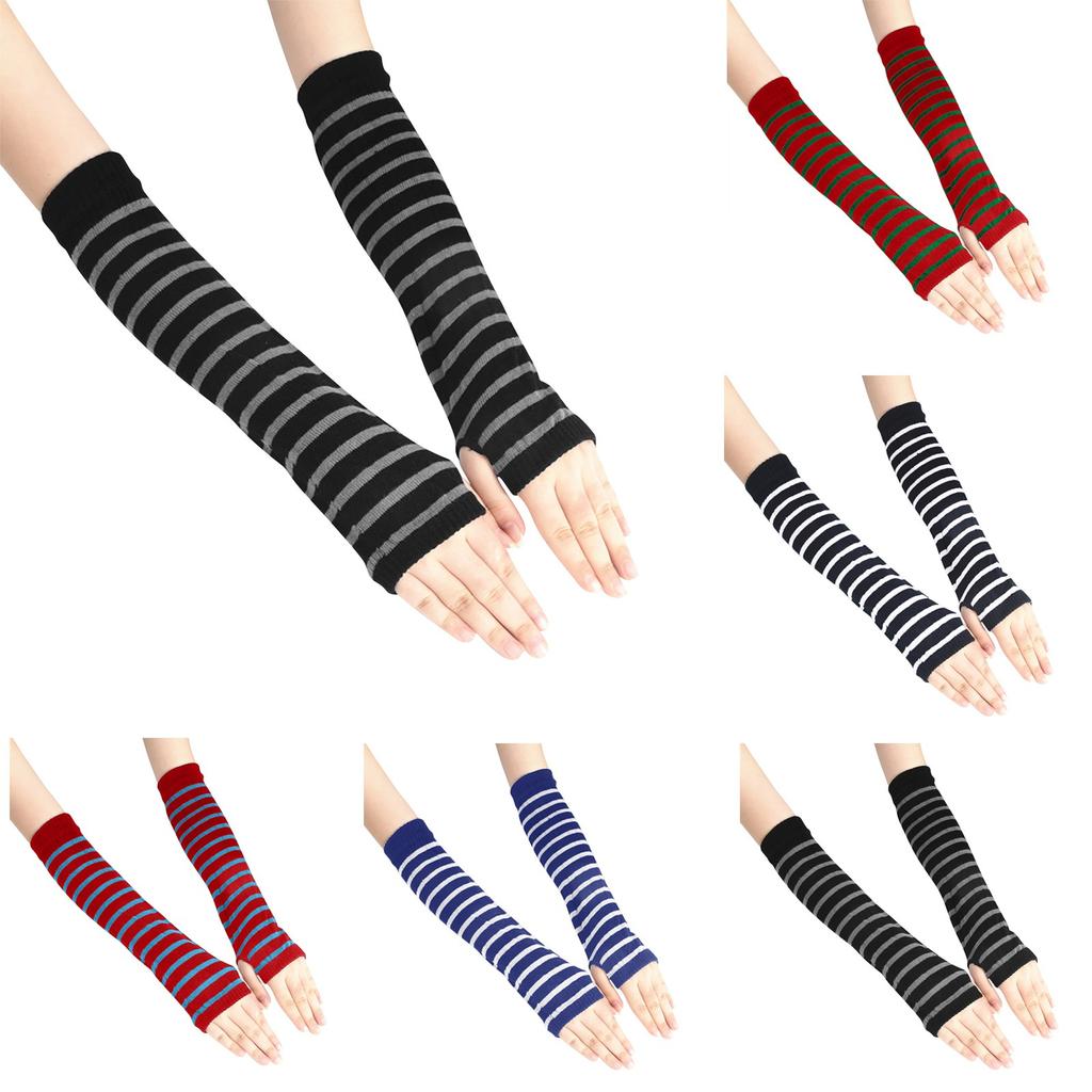Women Fashion Punk Gothic Stripe Long Arm Warmer Fingerless Gloves