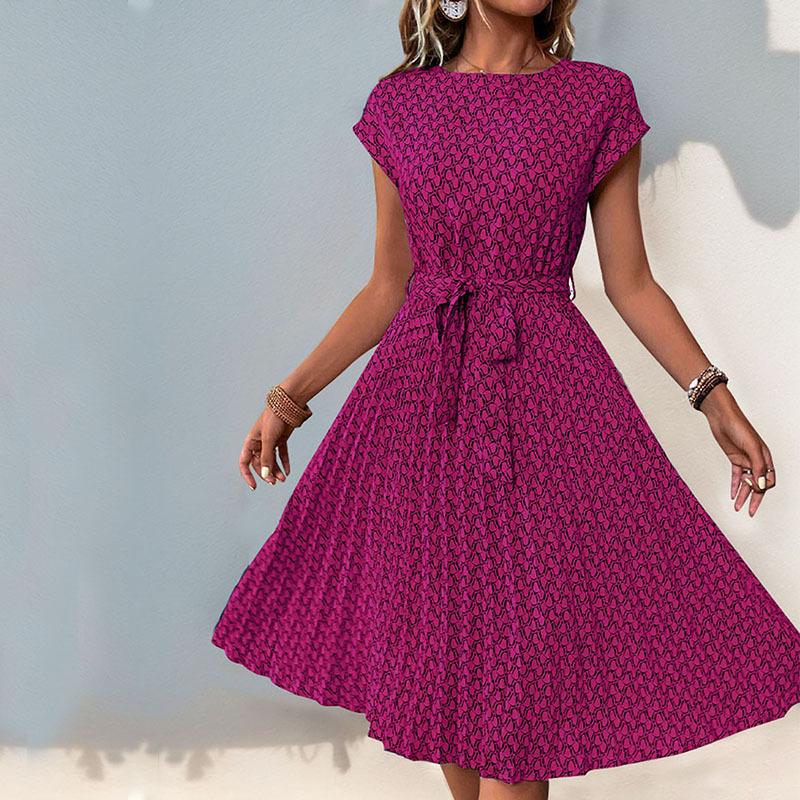 Summer Women's Dress Round Neck Elegant Fashion Printed Pleated Dresses