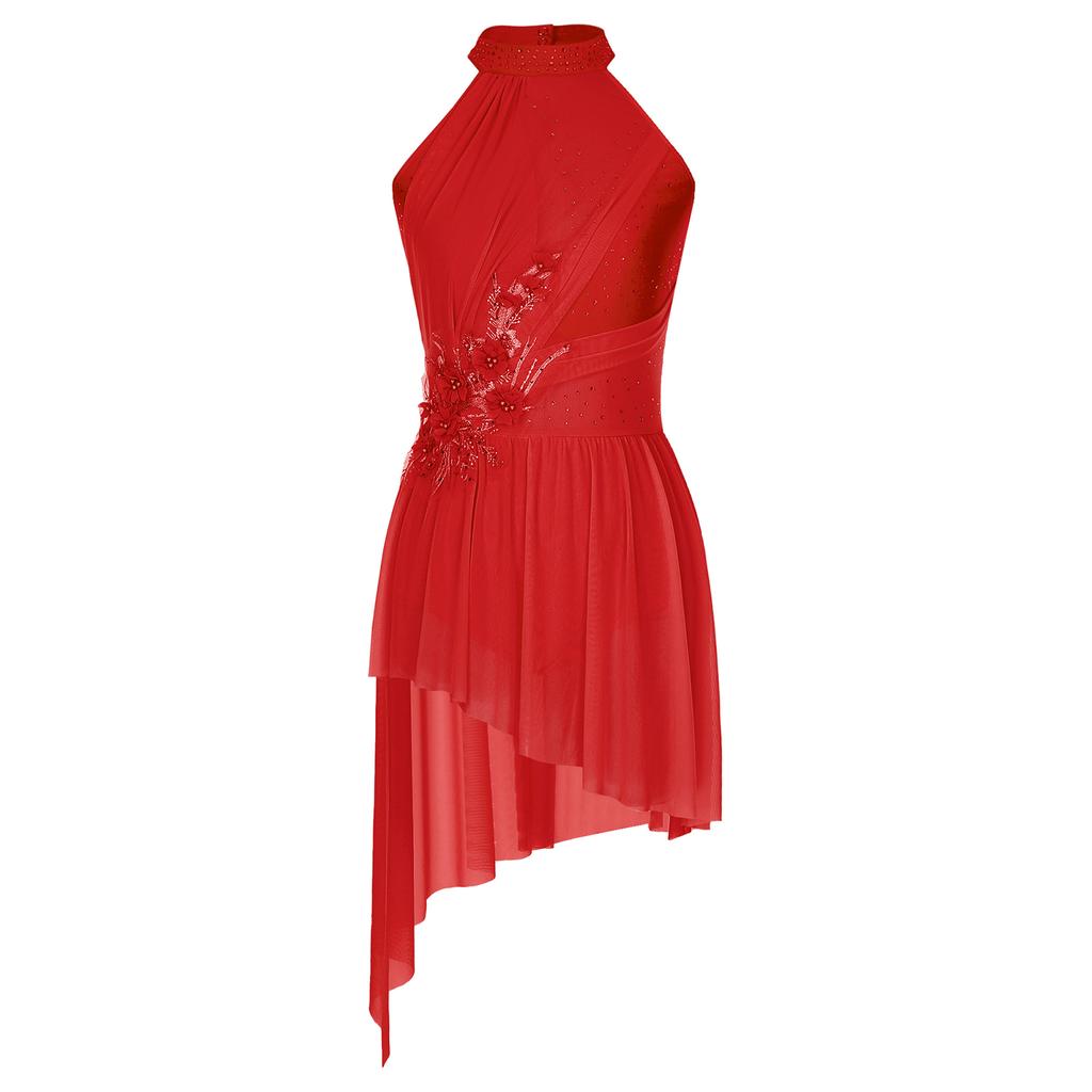 Женский купальник для выступлений, платье с халтером, бретельки на спине, асимметричный подол, блестящие стразы, костюм для сцены и соревнований