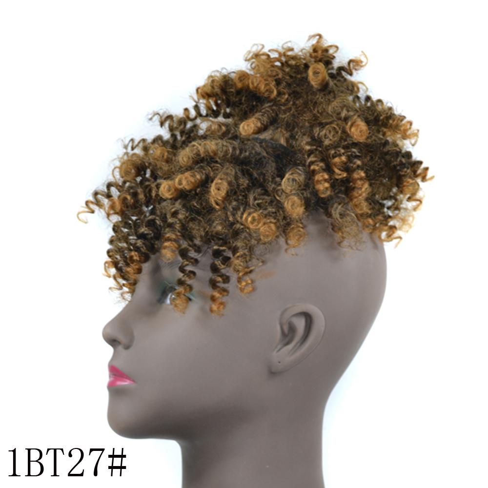 Afro Puff Hair Bun Chignon Drawstring Ponytail with Bangs, Black Kinky Curly Ponytail Bun with Bangs Updo Hairpiece For Women