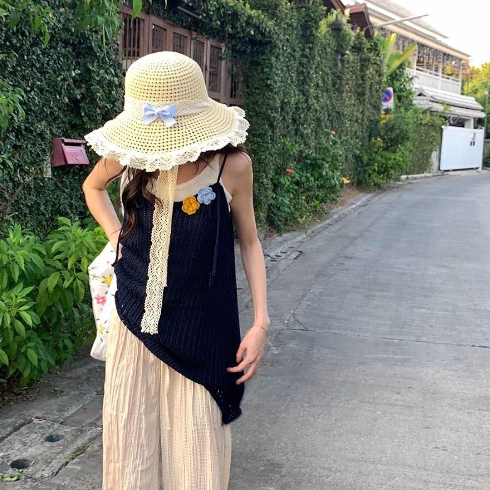 Sweet Woman's Straw Hat Elegant Lace Brim Sunshade Cap Vacation Big Bowknot Sun Hat  Girls