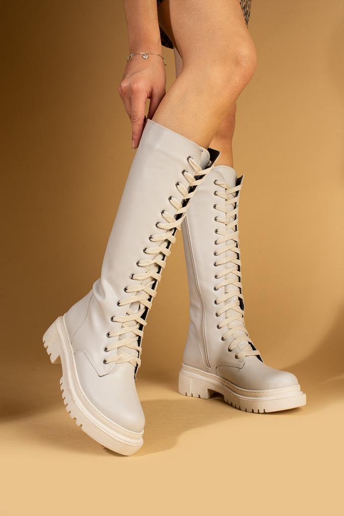 Удобные женские ботинки ниже колена на толстой подошве со шнуровкой и молнией 59-904-24