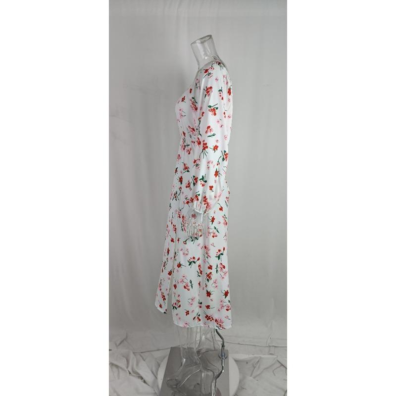 Весенние женские темпераментные элегантные платья с разрезом и рукавами-фонариками с принтом