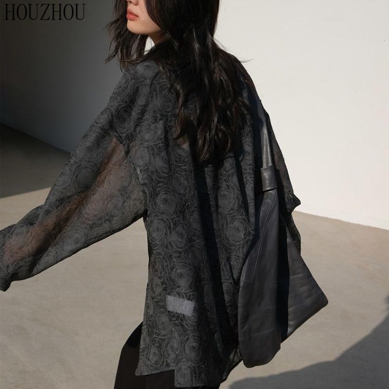 HOUZHOU Рубашка с принтом, женская цветочная весна, черные элегантные и шикарные винтажные свободные топы большого размера с длинными рукавами