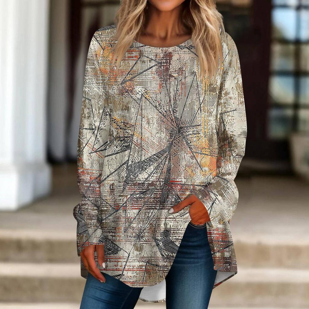 Женская повседневная футболка больших размеров с длинными рукавами и круглым принтом, верхний пуловер