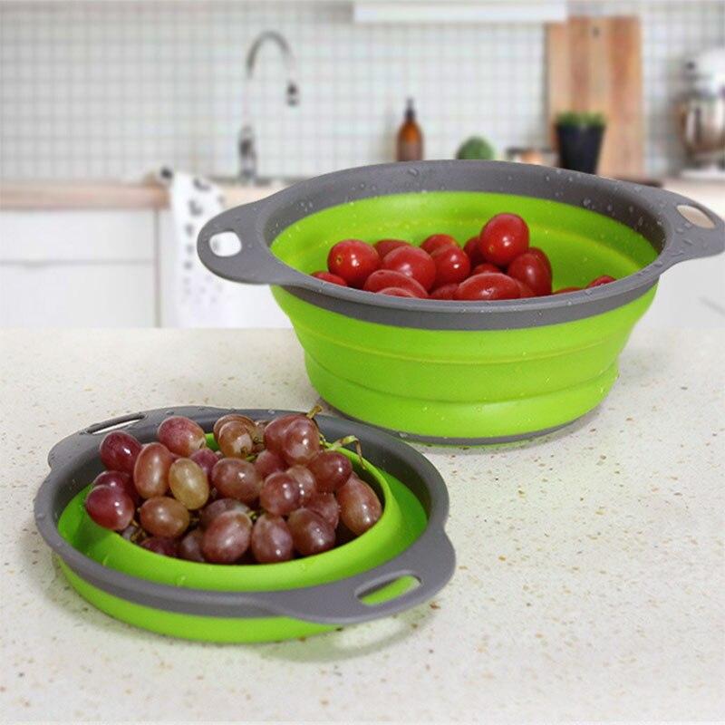Креативная зеленая силиконовая круглая складная корзина для слива овощей и фруктов, дуршлаг, складной кухонный инструмент