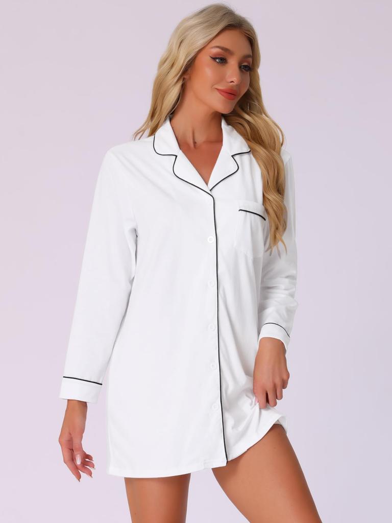 Cheibear Летняя пижамная рубашка с длинным рукавом Размер XS Женское платье, На пуговицах, Белый,