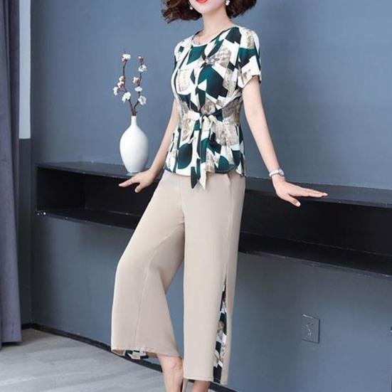 Женский комплект из 2 шт./компл., комплект из топа и брюк, плюс размер, с цветочным принтом, с короткими рукавами, с круглым вырезом, на шнуровке, с узкой талией, футболка с широкими штанинами, лоскутное шитье, женские брюки среднего возраста