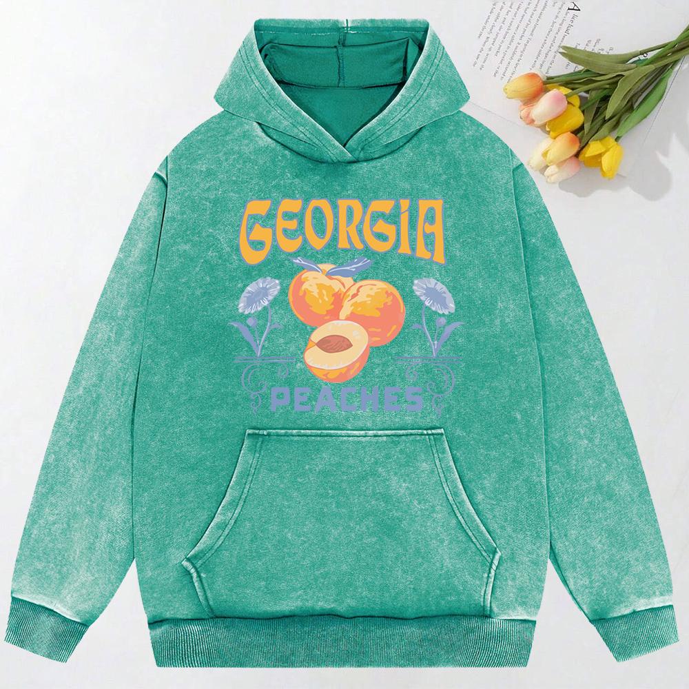 Peaches Creative Cartoon Printed Washed Hoodie Autumn Fashion Streetwear All-Match Loose Top Cotton Hoody
