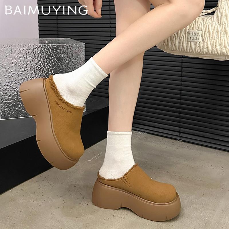 Замшевые женские хлопковые тапочки на платформе, дизайнерские туфли-мюли на среднем каблуке, новый бренд 2025 года, зимние теплые туфли для ходьбы и снега, женские туфли